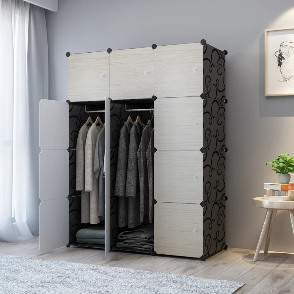 Dulap Modular cu 12 Compartimente, 111 × 37 × 147 cm, Uși Crem cu Aspect Lemn, Plastic Rezistent