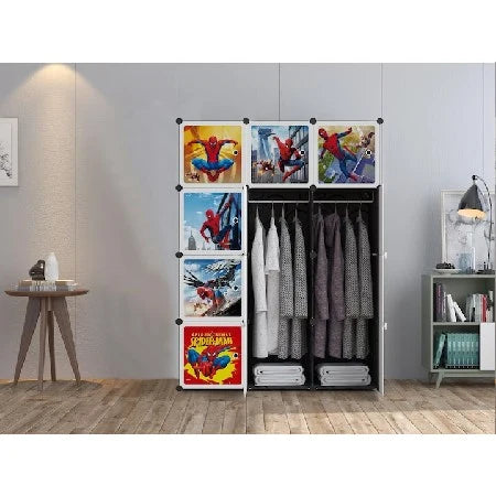 Dulap Modular pentru Copii AT PERFORMANCE® SPIDERMAN, 12 Compartimente, 110x37x147 cm, Cadru Metalic, Plastic Rezistent, Montaj Plug-In