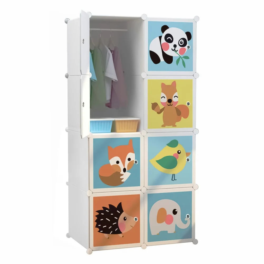 Dulap Modular pentru Copii cu 8 Compartimente, 76x37x147 cm, Uși cu Animăluțe, Plastic Rezistent, Alb, Organizator Haine și Jucării