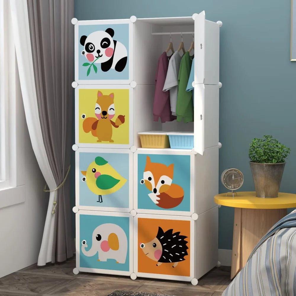 Dulap Modular pentru Copii cu 8 Compartimente, 76x37x147 cm, Uși cu Animăluțe, Plastic Rezistent, Alb, Organizator Haine și Jucării