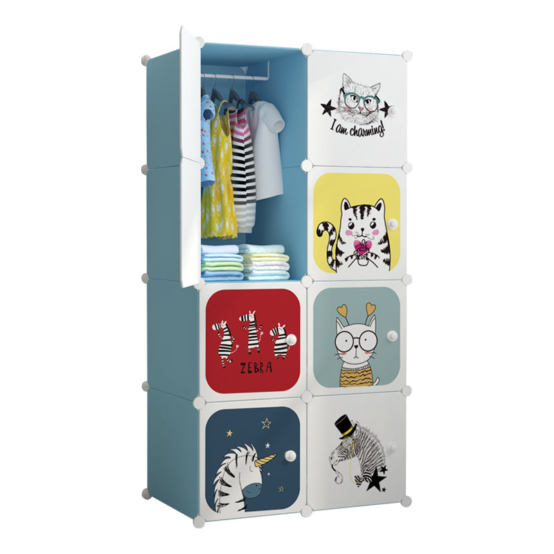 Dulap Modular pentru Copii cu 8 Compartimente, 76x37x147 cm, Uși cu Zebre și Pisicuțe, Plastic Rezistent, Organizator Haine și Jucării