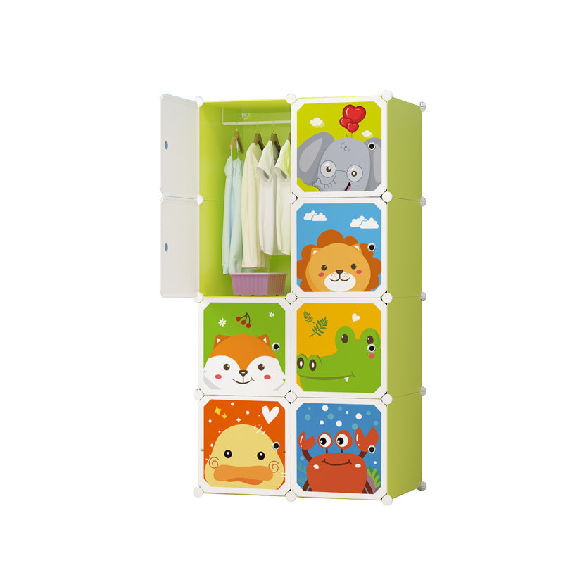 Dulap Modular pentru Copii cu 8 Compartimente, 76x37x147 cm, Verde, Animăluțe, Plastic Rezistent, Organizator Haine și Jucării