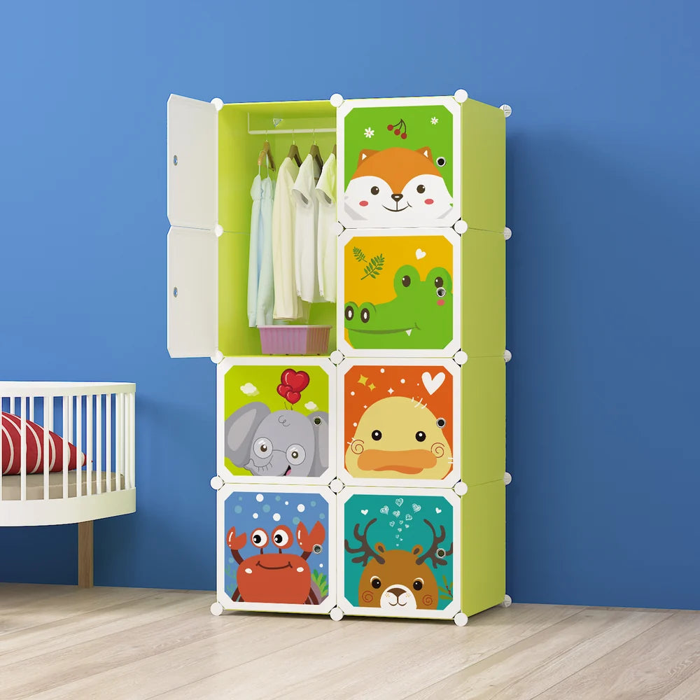 Dulap Modular pentru Copii cu 8 Compartimente, 76x37x147 cm, Verde, Animăluțe, Plastic Rezistent, Organizator Haine și Jucării
