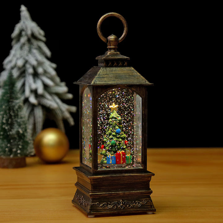 Felinar Muzical de Craciun cu Bradut, Iluminare LED Calda, 1 Melodie Festiva, Alimentare Duala USB sau Baterii, 22 cm, Vintage