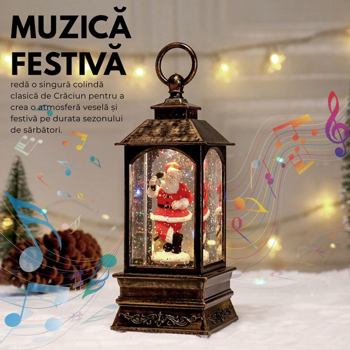 Felinar Muzical de Craciun cu Mos Craciun, Iluminare LED Calda, 1 Melodie Festiva, Alimentare Duala USB sau Baterii, 22 cm, Vintage