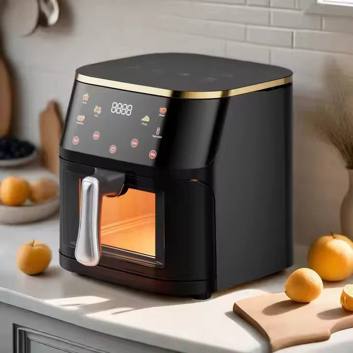Friteuză cu Aer Cald 10L, 2400W, Control Digital, 6 Funcții, Geam de Vizualizare, Air Fryer Multifuncțional + CADOU 50 Hârtii de Copt