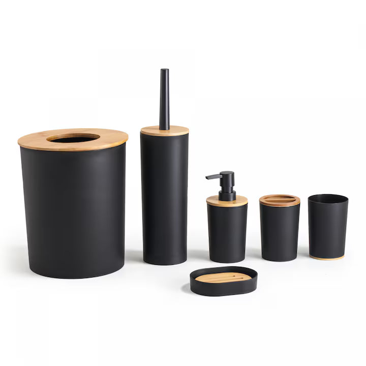 Set baie 6 piese Herzberg HG-04456 – Bambus & Plastic negru mat | Design modern și durabilitate superioară