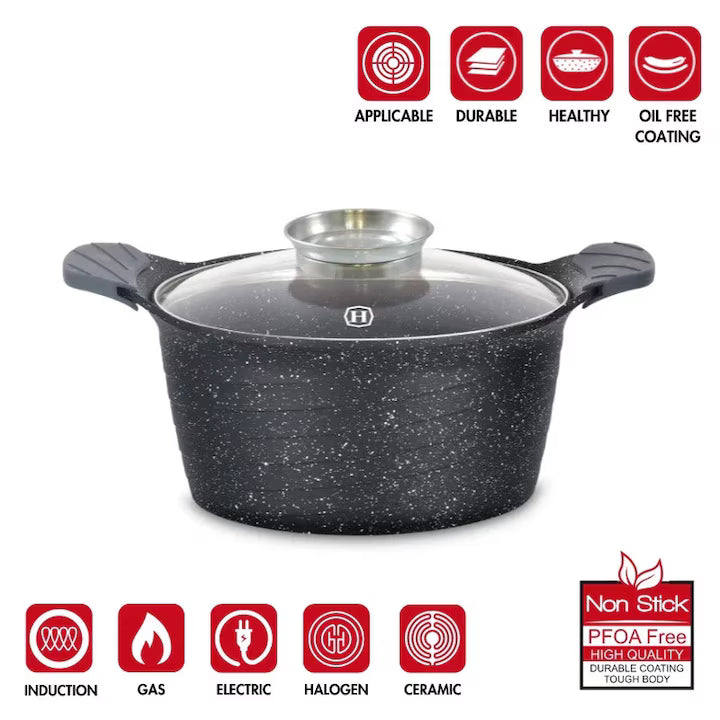 Cratiță Herzberg HR-5221 – 20 cm / 2.6 L | Acoperire cu marmură, capac cu buton pentru aromă, compatibilă cu toate plitele