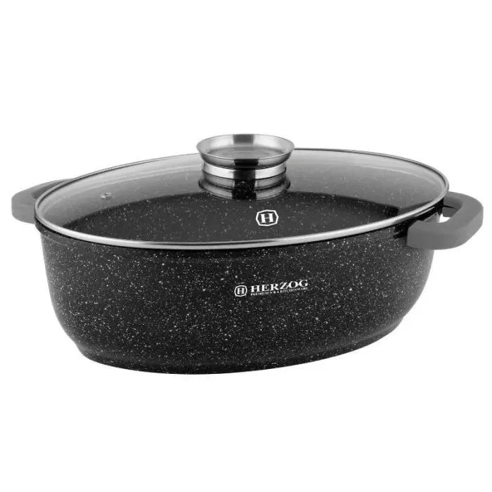 Tavă cuptor Herzog HR-5232 – 38 cm / 8.4 L | Roaster cu acoperire din marmură, capac cu buton pentru aromă, compatibilă cu gaz, electric, ceramic și halogen