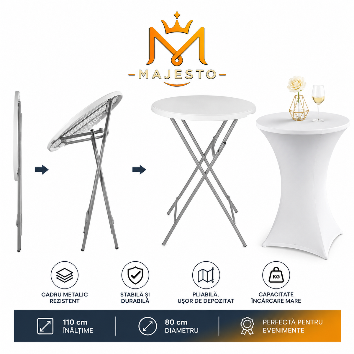 Masă Înaltă Pliabilă AT PERFORMANCE® AT-2061, Ø80 cm, 110 cm Înălțime, Husă Elastică Inclusă, Cadru Metalic