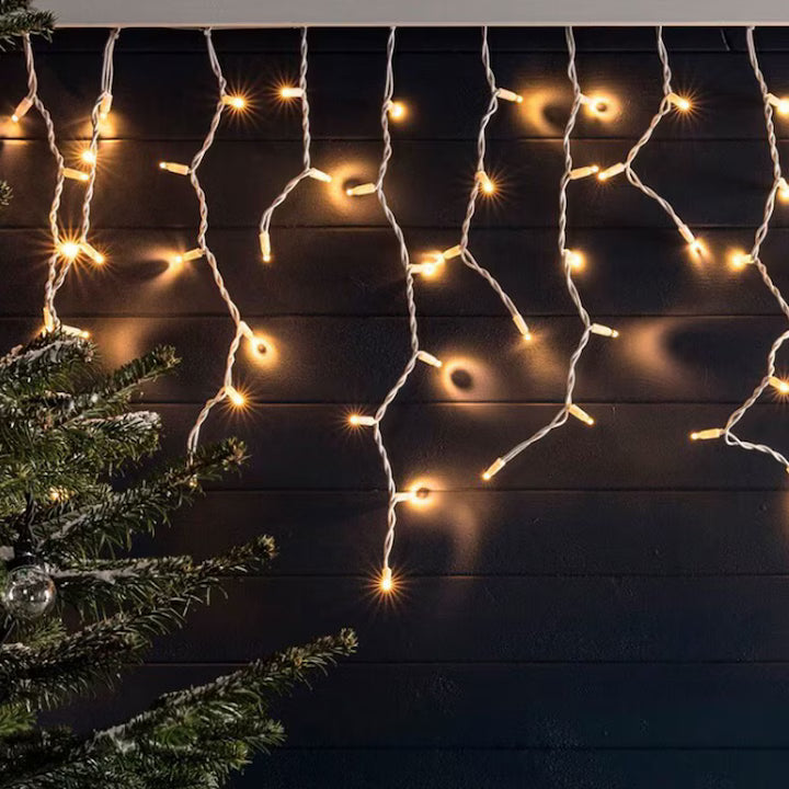 Instalație Crăciun Tip Turturi, 5m, 120 LED Alb Cald, 8 Moduri, Interconectabilă, Perdea cu Franjuri, Fir Alb, Exterior & Interior