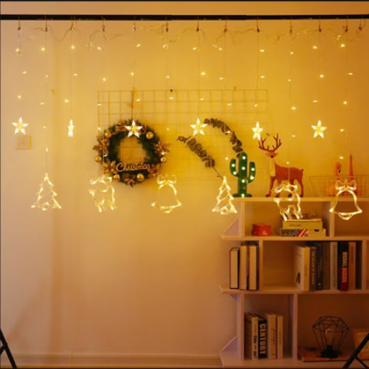 Instalație Crăciun tip Perdea, 4m, LED Alb Cald, 8 Jocuri de Lumină, Interconectabilă, Figurine Brazi, Reni și Clopoței, Fir Transparent
