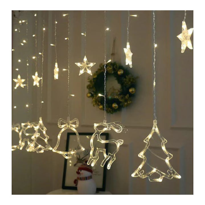 Instalație Crăciun tip Perdea, 4m, LED Alb Rece, 8 Jocuri de Lumină, Interconectabilă, Figurine Brazi, Reni și Clopoței, Fir Transparent