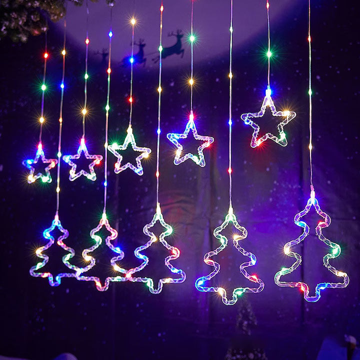 Instalație Crăciun tip Perdea, LED RGB Multicolor, 3m, 8 Jocuri de Lumină, Interconectabilă, Stele și Brazi, Telecomandă pe Fir