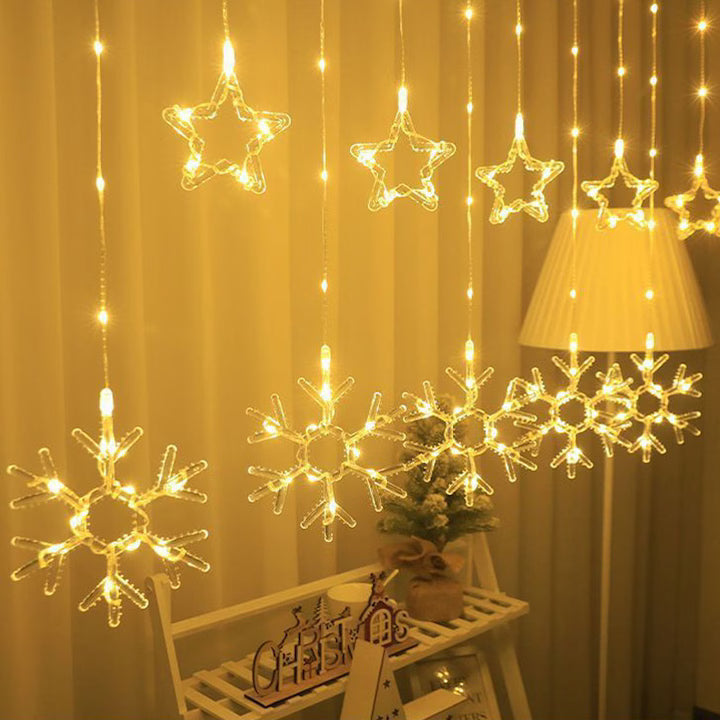 Instalație de Crăciun tip Perdea, LED Alb Cald, 3m, 8 Jocuri de Lumină, Interconectabilă, Stele și Fulgi, Telecomandă pe Fir