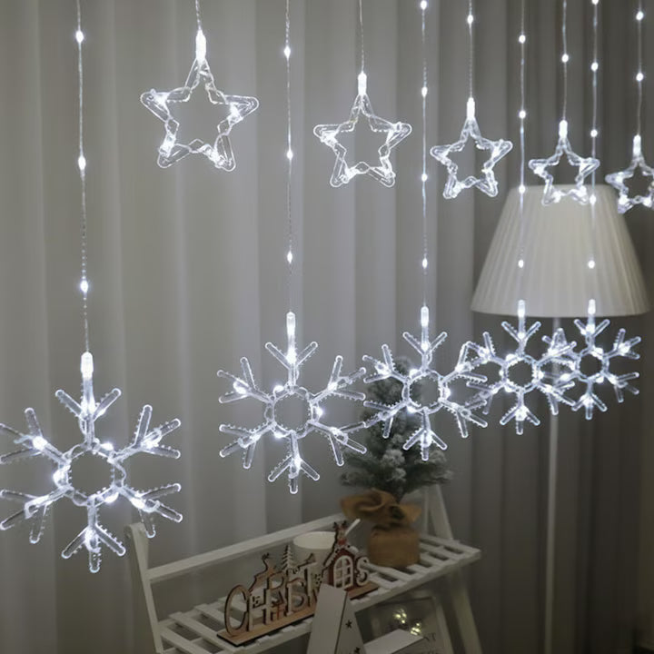 Instalație de Crăciun tip Perdea, LED Alb Rece, 3m, 8 Jocuri de Lumină, Interconectabilă, Stele și Fulgi, Telecomandă pe Fir