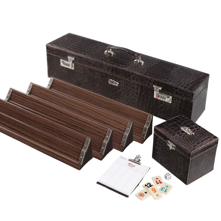 Joc Rummy Set din Lemn cu Geantă din Piele Artificială – Set Deluxe