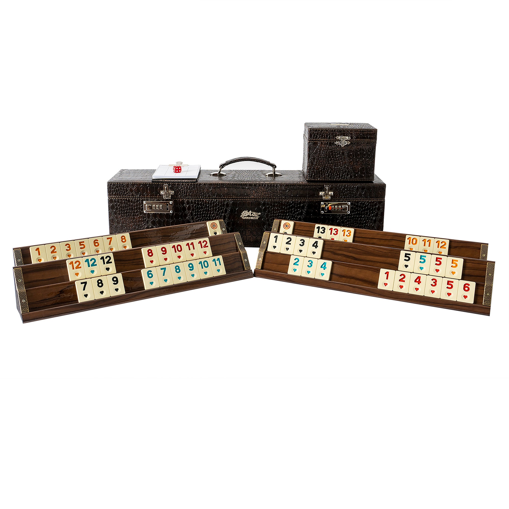 Joc Rummy Set din Lemn cu Geantă din Piele Artificială – Set Deluxe