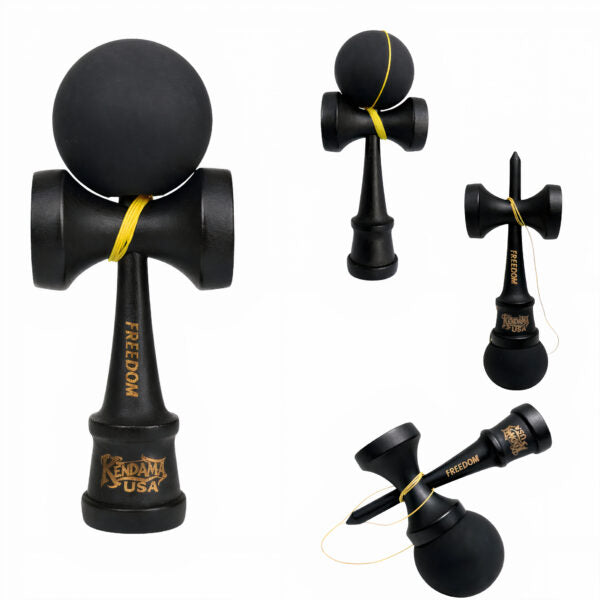Kendama Freedom USA Neagră 18 cm – Bilă Cauciucată Mată, Lemn Premium, Ață de Rezervă Inclusă | Jucărie de Îndemânare & Reflexe