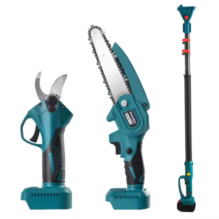 Kit Gradina 2 in 1: Mini Drujba cu Tija Telescopica si Foarfeca Electrica | 2 Acumulatori 48V