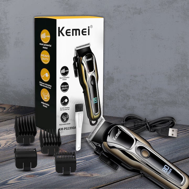 Mașină de Tuns Profesională pentru Bărbați, Kemei - 1990 Păr și Barbă, Display LCD, Lamă Reglabilă 0,1-13 mm, 4 Piepteni, USB, Fără Fir, Negru