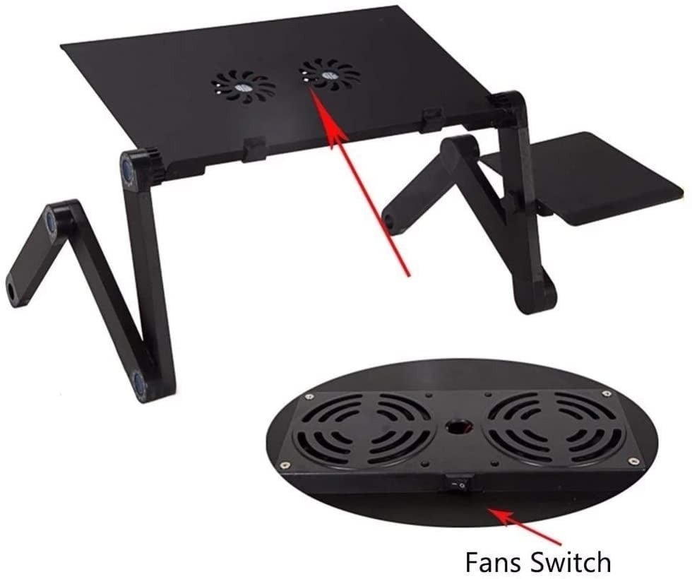 Masă pentru Laptop Multifuncțională, din Aluminiu, cu 2 Coolere de Răcire, Picioare Reglabile la 360°, Mouse Pad Inclus