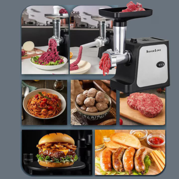Masina de Tocat Carne Electrica Silver Love MG12-100, Putere 1000W, Functie Reverse, Accesorii Carnati si Kebbe, Cutit Inox, Argintiu