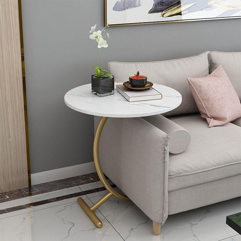 Masuta Rotunda Auxiliara, Otel Inoxidabil Auriu, Blat Model Marmura Alba, 40x57 cm