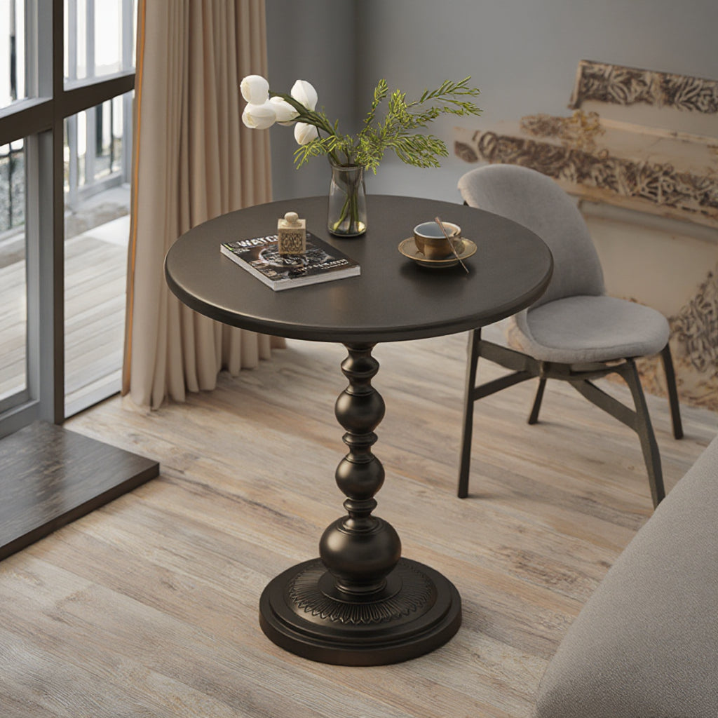 Masuta de Cafea Rotunda, Stil Retro, Picior Metalic, 52 x 38 cm, Negru