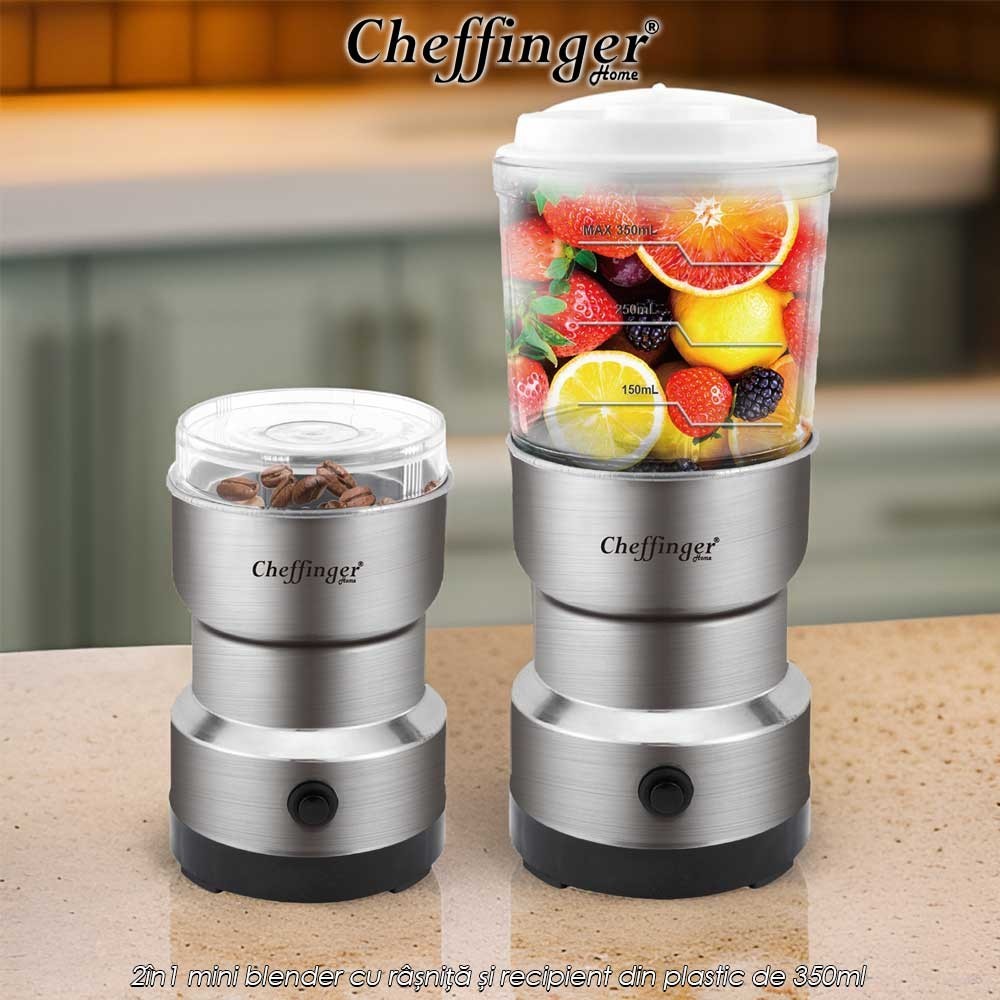 Mini Blender 2 in 1 Cheffinger Home CGB300, 300W, cu Rasnita de Cafea Atasabila, Recipient 350ml, Functie Pulse, Baza Inox