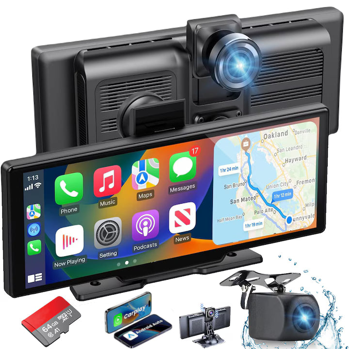 Navigație Auto Universală, Display Touchscreen 10.26”, Wireless CarPlay & Android Auto, Cameră Față 4K + Spate 1080P, Card 64GB