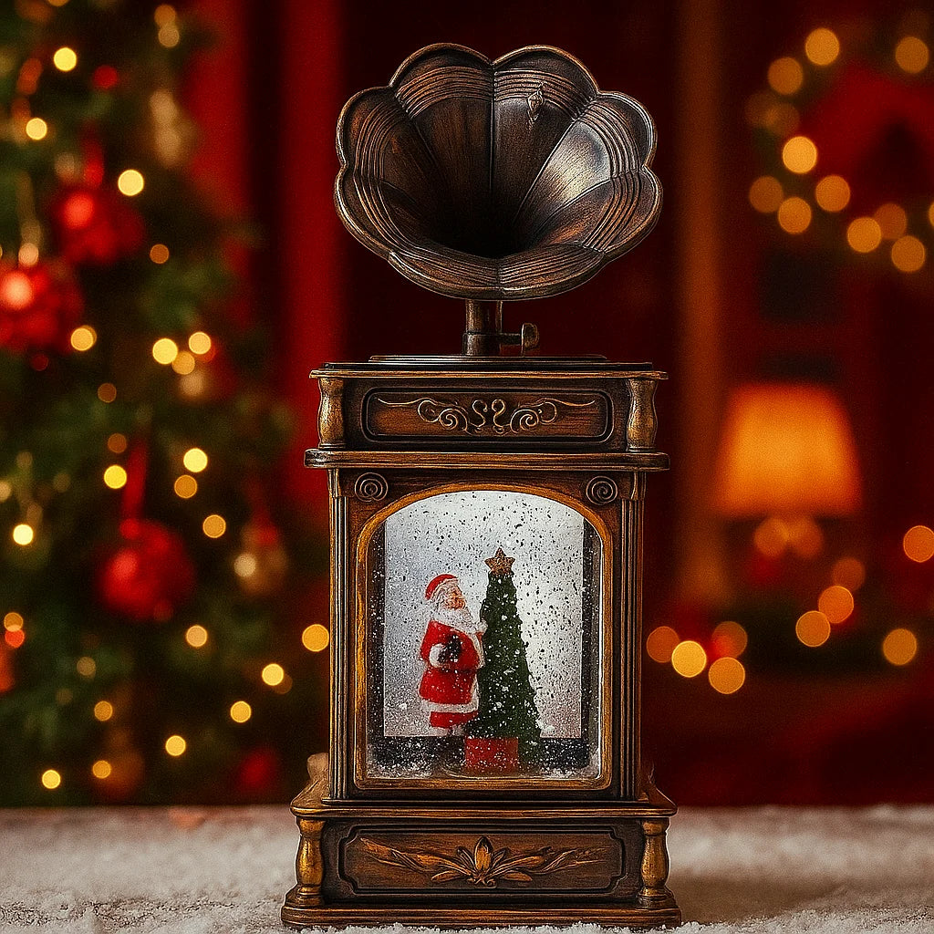 Ornament Crăciun Gramofon Vintage cu Moș Crăciun, Muzical, Efect Ninsoare, Glob cu Brad, Maro Antic, Decor Festiv Premium