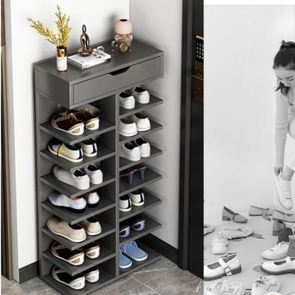 Pantofar Vertical cu 7 Niveluri și Dulap Superior, PAL, 111x40x22 cm, Gri