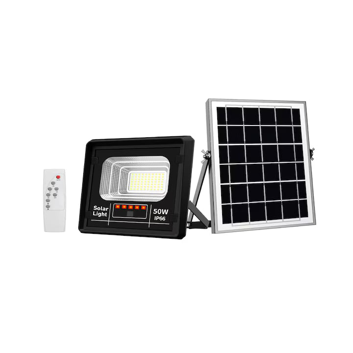 Proiector Solar LED JORTAN® 50W, 70 LED SMD, Panou Solar Separat, Telecomandă, Senzor Mișcare și Lumină, IP66, Alb Rece 6500K