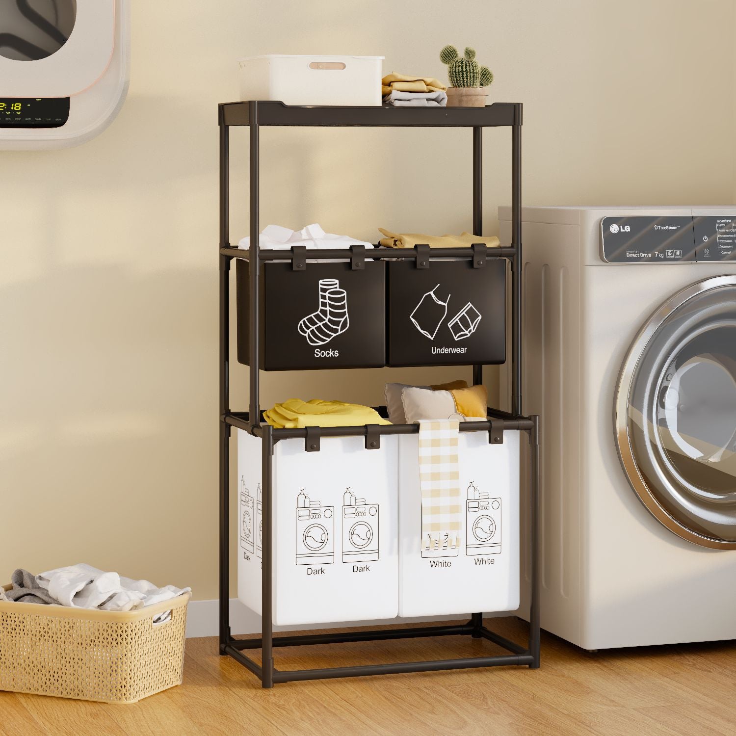 Raft Baie cu Cos de Rufe si 2 Polite, Cadru Metalic, 97x28x57 cm, Negru