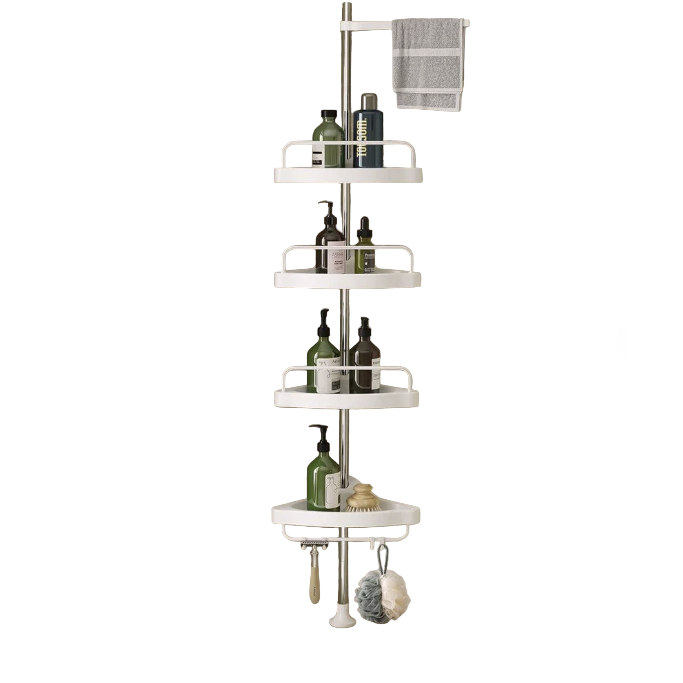 Raft colțar telescopic baie, etajeră reglabilă 100–320 cm cu 4 rafturi și bară prosop