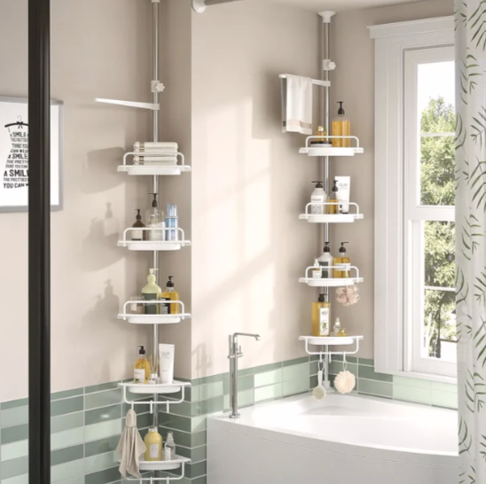 Raft colțar telescopic baie, etajeră reglabilă 100–320 cm cu 4 rafturi și bară prosop