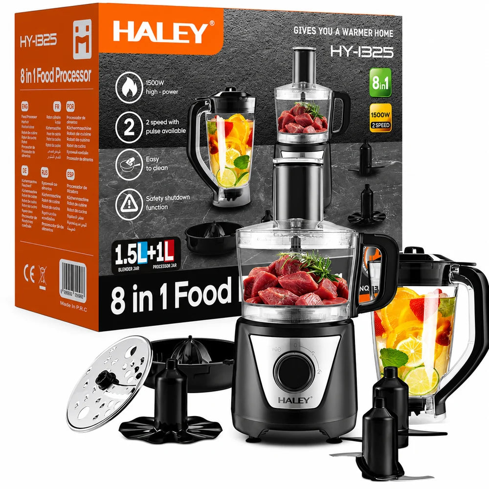 Robot de Bucătărie Multifuncțional HALEY® HY-1325, 8 în 1, 1500W, Blender 1.5L + Procesor 1L, 2 Viteze + Funcție Pulse