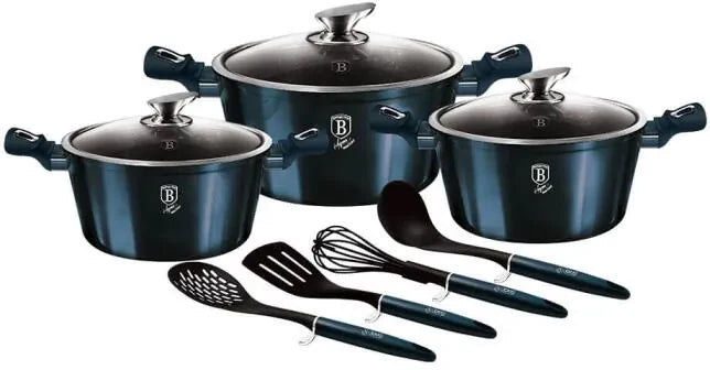 Set 10 Piese Oale Berlinger Haus Aquamarine Metallic Line, Strat Marmura, Inductie, Aluminiu Forjat, Ustensile Incluse, BH 6152