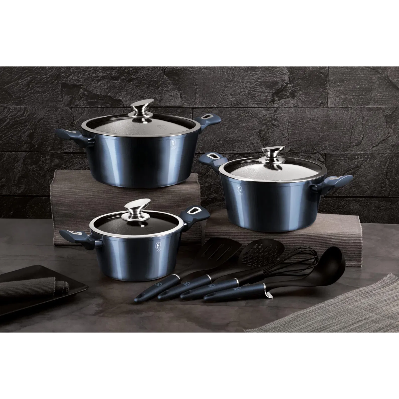 Set 10 Piese Oale Berlinger Haus Aquamarine Metallic Line, Strat Marmura, Inductie, Aluminiu Forjat, Ustensile Incluse, BH 6152