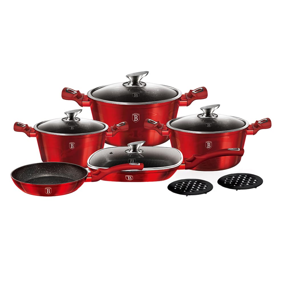 Set 10 Piese Oale si Tigai Berlinger Haus Burgundy Metallic Line, Tigaie Grill cu Capac, Strat Marmura, Inductie, BH7142