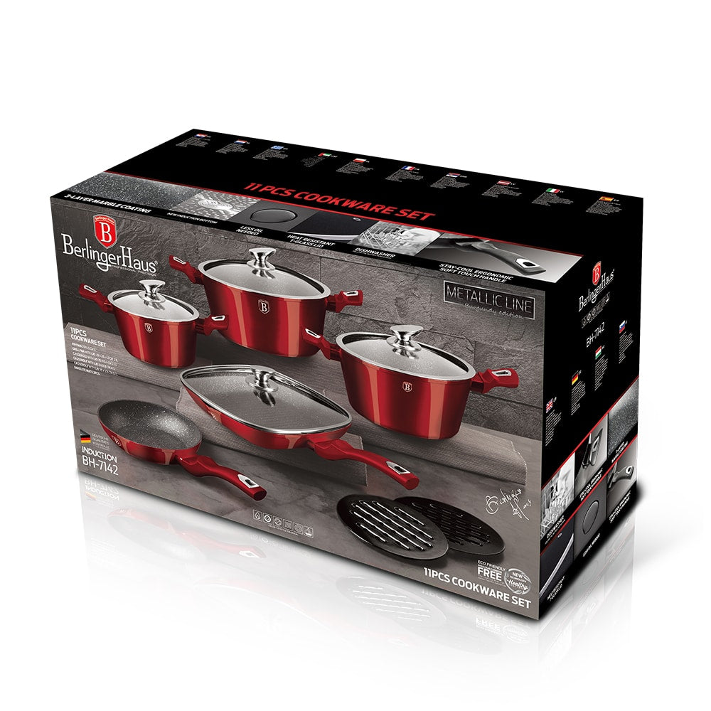 Set 10 Piese Oale si Tigai Berlinger Haus Burgundy Metallic Line, Tigaie Grill cu Capac, Strat Marmura, Inductie, BH7142