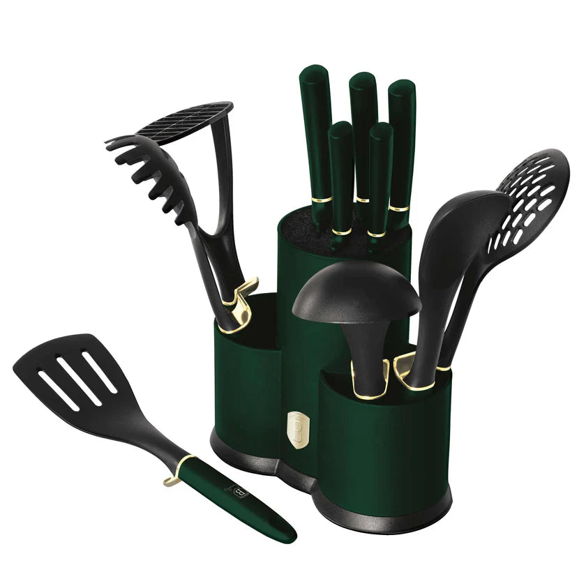 Set 12 Piese Cutite si Ustensile Bucatarie Emerald Collection, Inox cu Strat Antiaderent, Functie Smart Rest, Verde Smarald