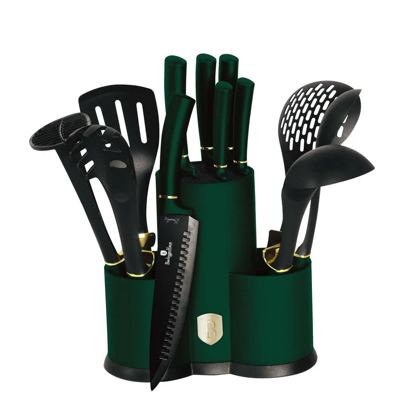 Set 12 Piese Cutite si Ustensile Bucatarie Emerald Collection, Inox cu Strat Antiaderent, Functie Smart Rest, Verde Smarald