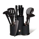 Set 12 Piese Cutite si Ustensile Bucatarie cu Suport, Inox Antiaderent Titan, Functie Smart Rest, Negru Rose Gold