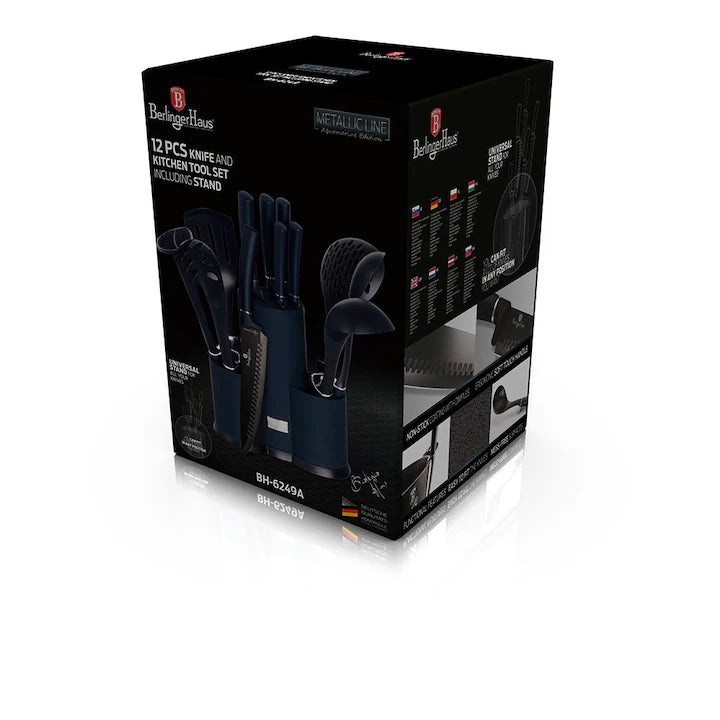 Set 12 Piese Ustensile Bucatarie si Cutite Berlinger Haus Metallic Line Aquamarine, Suport Multifunctional, BH 6249