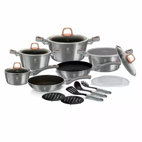 Set 18 Piese Vase de Gatit Berlinger Haus Moonlight Edition, Strat Titan 3 Straturi, Inductie, Aluminiu Forjat, Gri Argintiu, BH 7037