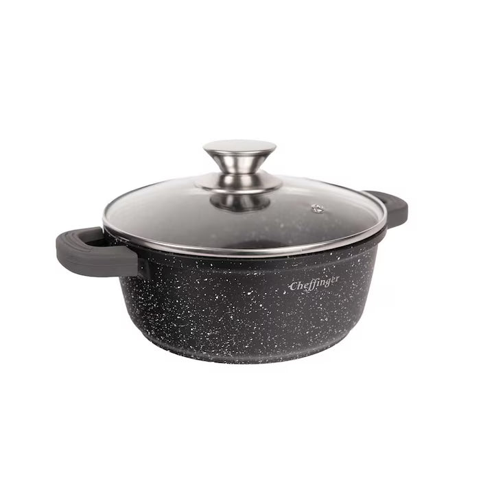 Set 3 Oale Cheffinger Marmorat cu Capace din Sticlă Termorezistentă, 20/24/28 cm, Manere Ergonimice, Compatibile Cuptor