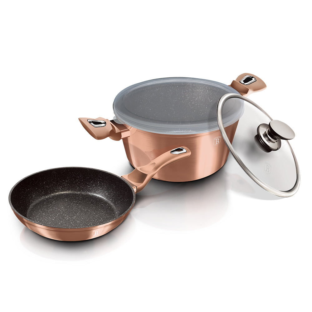 Set 4 Piese Vase de Gatit Berlinger Haus Rose Gold Edition, Strat Marmura, Inductie, Tigaie si Oala cu Capac, BH6200