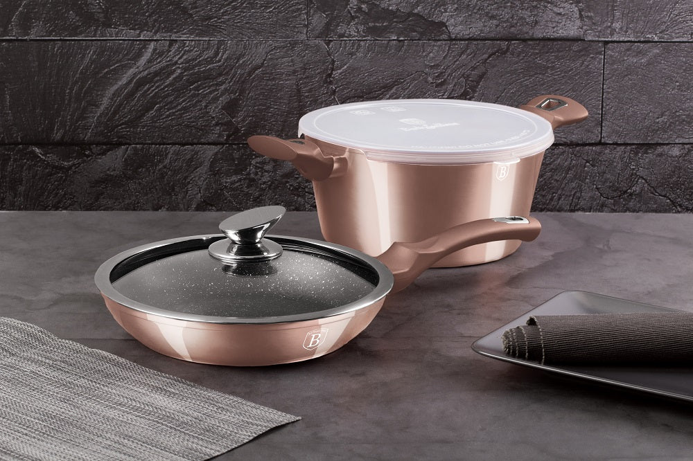 Set 4 Piese Vase de Gatit Berlinger Haus Rose Gold Edition, Strat Marmura, Inductie, Tigaie si Oala cu Capac, BH6200